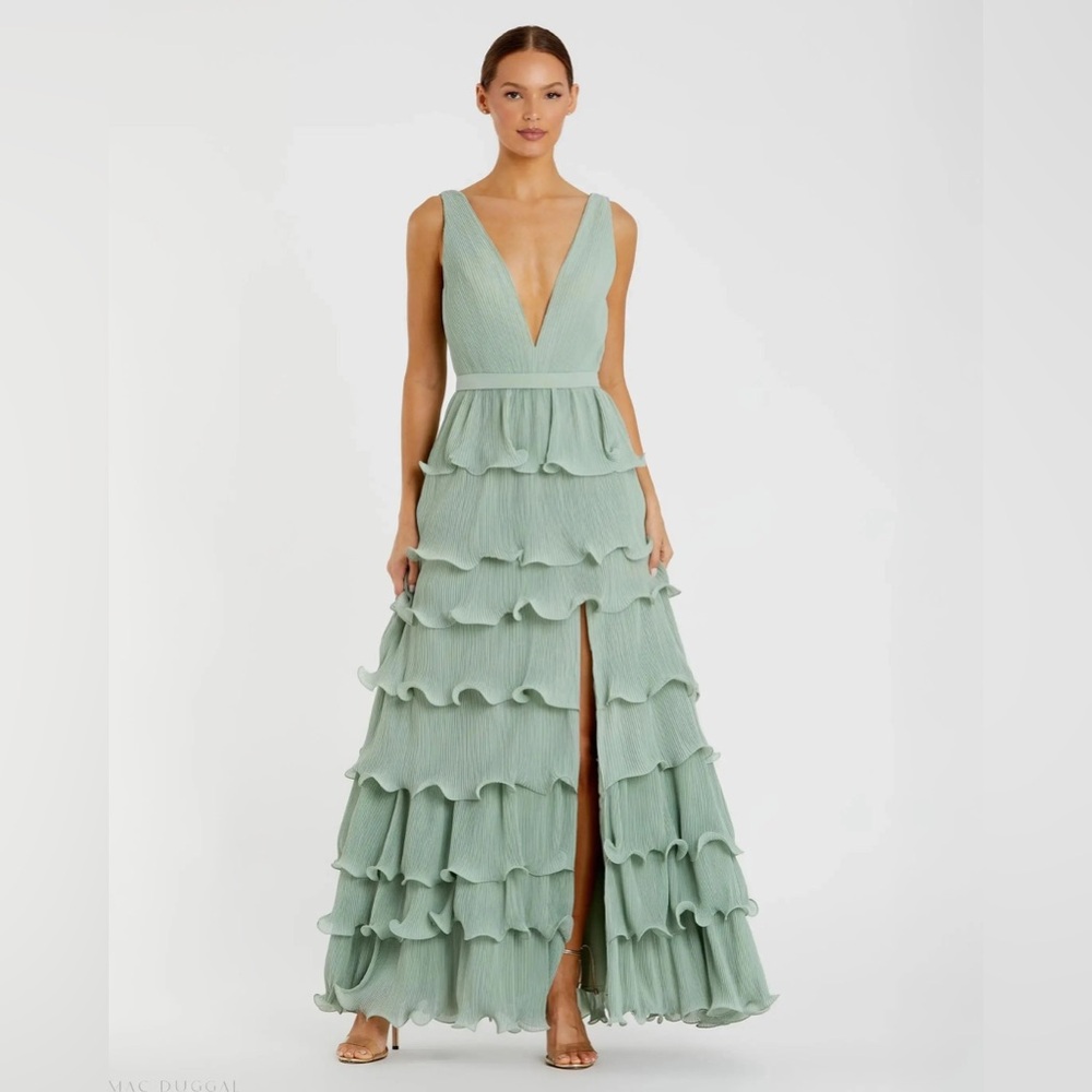 Mac Duggal Mint Green Plunging Ruffle Tier Maxi Dress